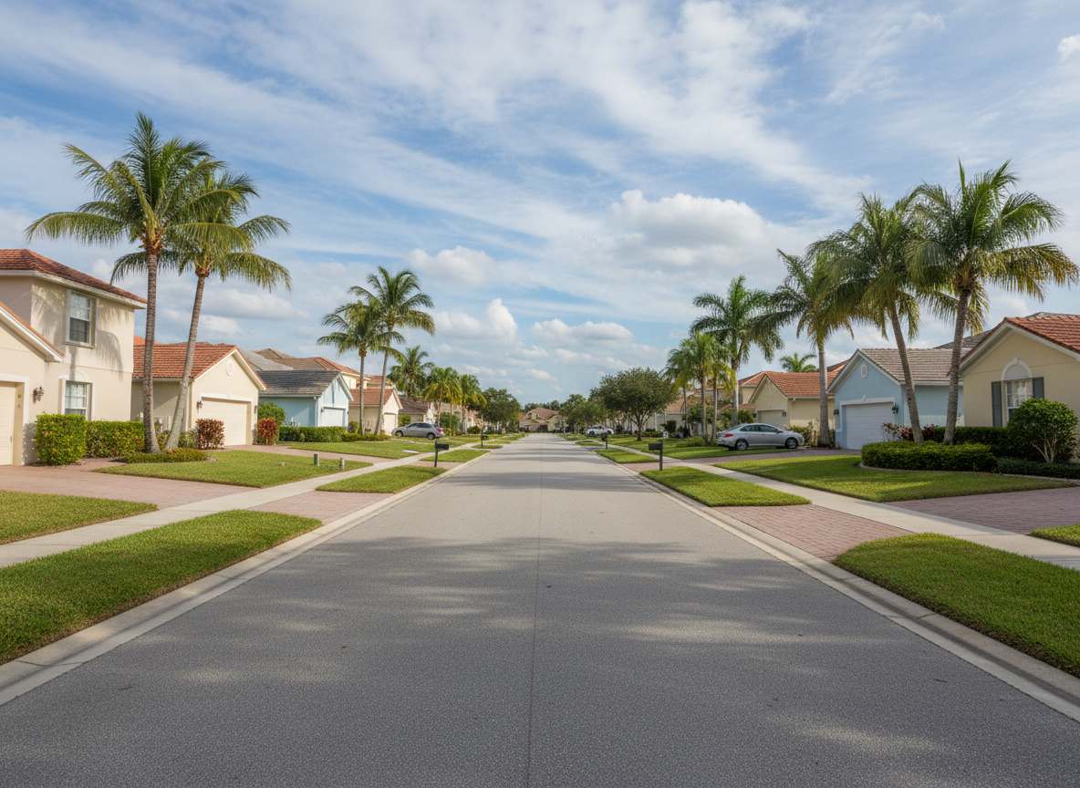 A beautiful suburban neighborhood in Orlando, Florida. Wide shot of a quiet residential street lined with well-kept single-family homes, lush green lawns, palm trees, blue sky with soft clouds. Warm, inviting, photorealistic style.