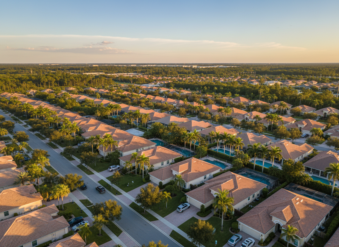Aerial view of a well-maintained Orlando residential neighborhood with palm trees