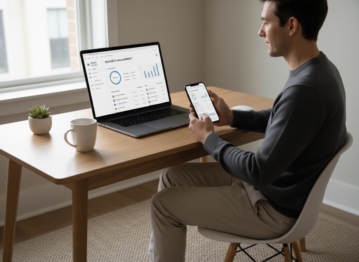 Person managing property payments online through a tenant portal on a laptop and phone